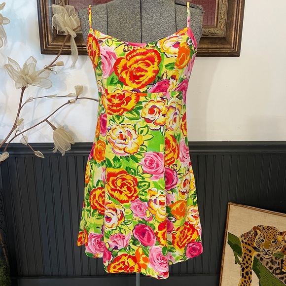 Jams World Vibrant Floral Sundress Slip Mini Dress Made in Hawaii - Sz XS 🧡🎀 - Picture 2 of 13